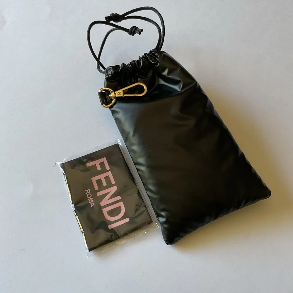FENDI LARGE PUFFER SUNGLASSES POUCH BLACK PALE PINK LOGO AND CLEANING CLOTH NEW